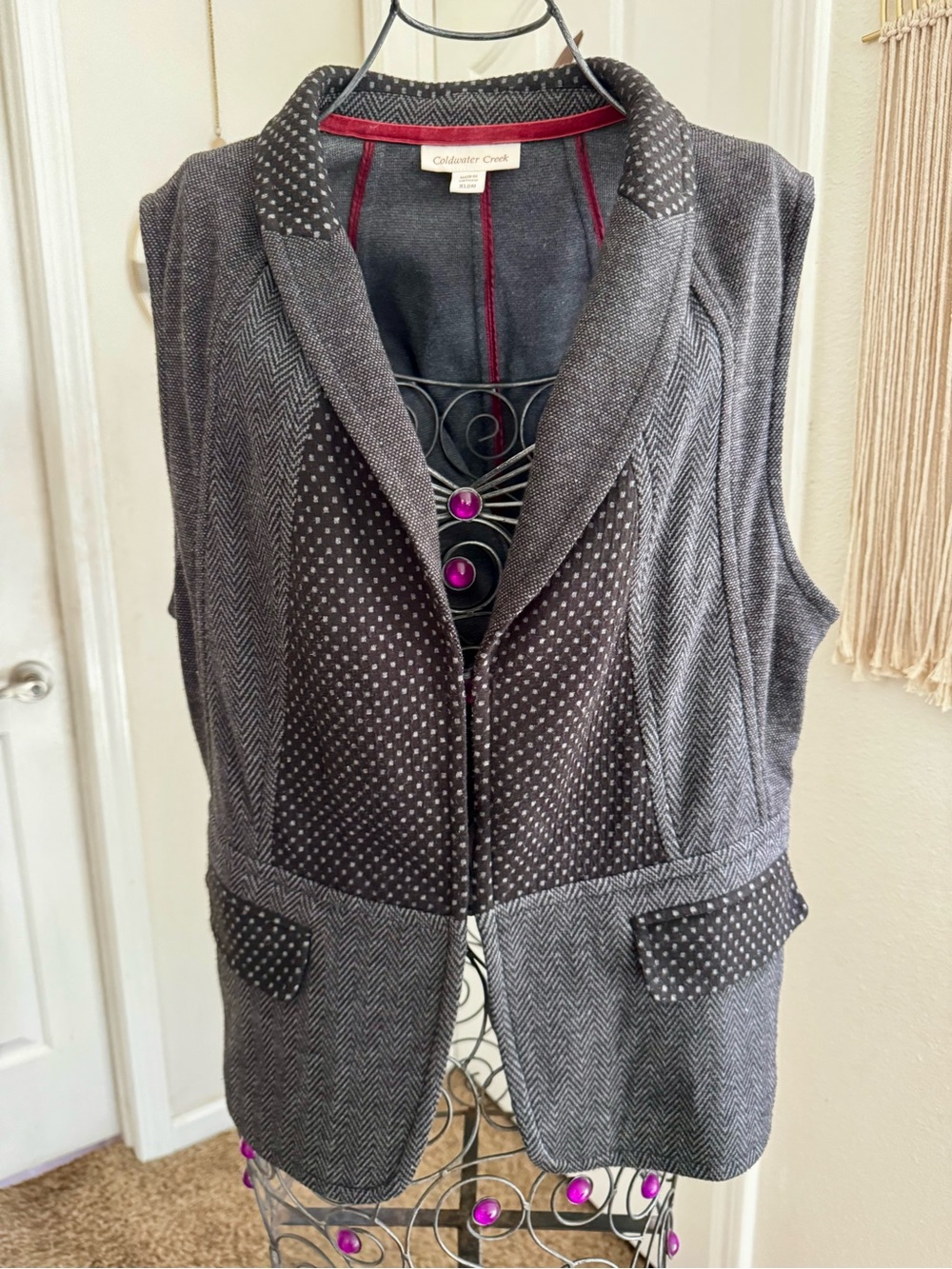 Coldwater Creek Gray Herringbone Vest with Polka Dot Insets